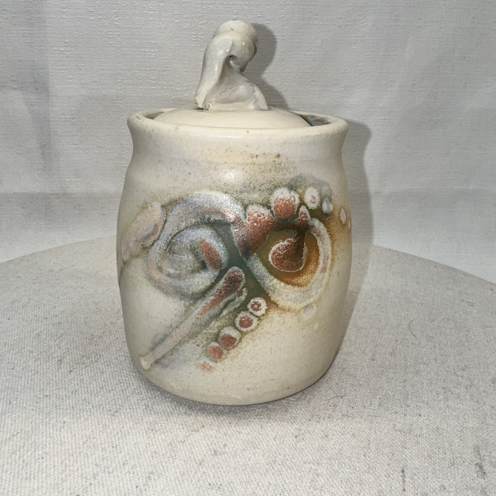 Studio Pottery Lidded Jar Home Decor Cream Earthy‎ Abstract Organic Art Signed